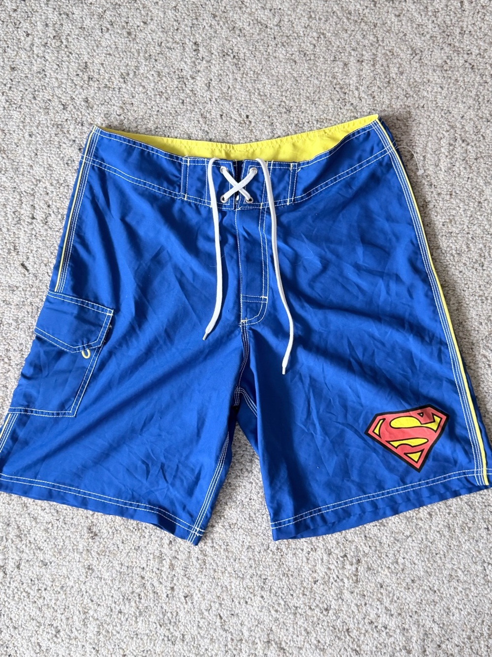 DC Comics | Men’s Superman Blue Board-Shorts with Yellow Trim | Size 32